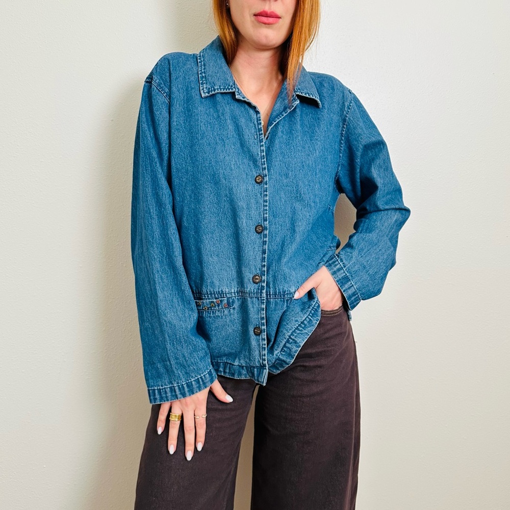 Vintage JM Collection Classic Blue Jean Jacket with Beaded Accents Boho Denim